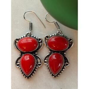 925 Silver Red Coral Dangle Earrings